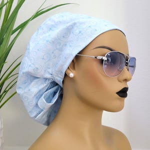 Small, Blue Swirls/Stars, Satin Lined Ponytail Scrub Hat, Protect Hair w/Satin Lined Scrub Cap, Nurse/Surgical/Doctor Cap, Full Satin Lining