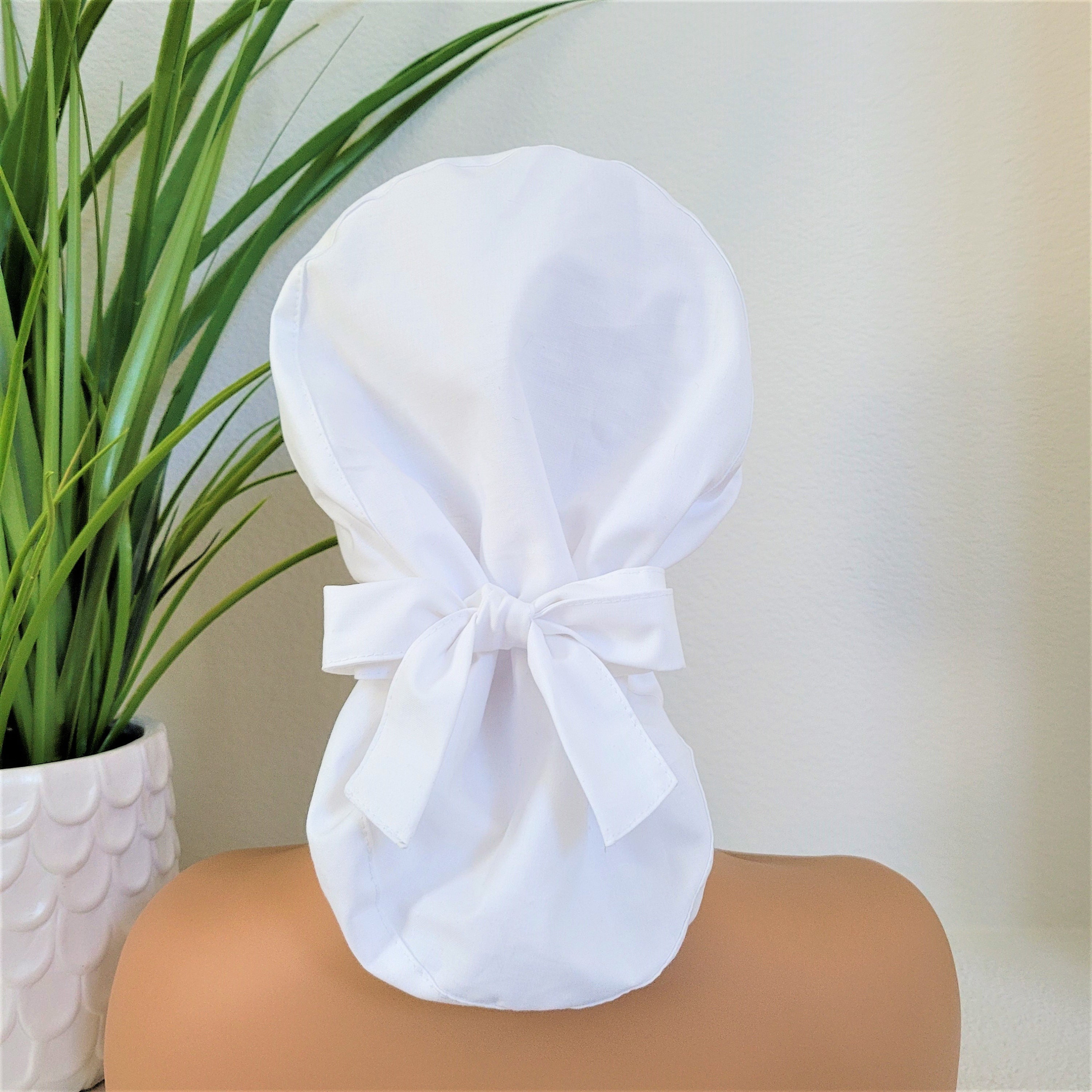 Protect Hair w/Satin Lined Scrub Cap. Buttons /Size Options, Nurse/Surgical/Doctor Cap, Medical Ponytail White Scrub Hat, Full Satin Lining