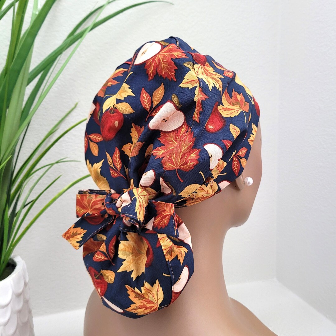 Apples/fall Leaves Satin Lined Ponytail Scrub Hat Protect Hair With ...