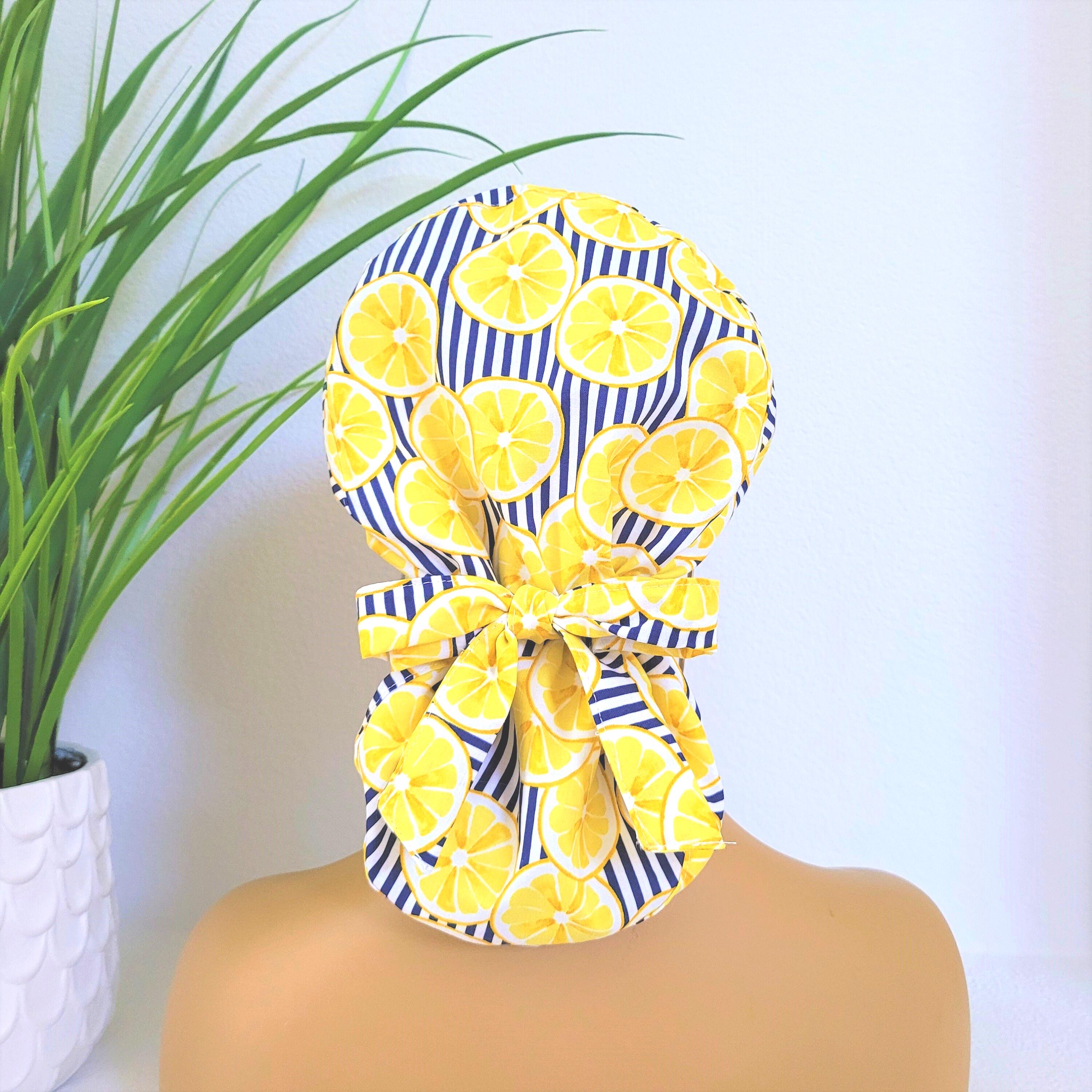 Small, Lemon Slices, Satin Lined Ponytail Scrub Hat, Protect Hair w/Satin Lined Scrub Cap, Nurse/Surgical/Doctor Hat, Full Satin Lining