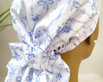 Light Blue-Ribbon Bows and Floral, Satin Lined Ponytail Scrub Hat: Protect Hair with Satin Lined Scrub Cap, Nurse/Doctor Hair Protection