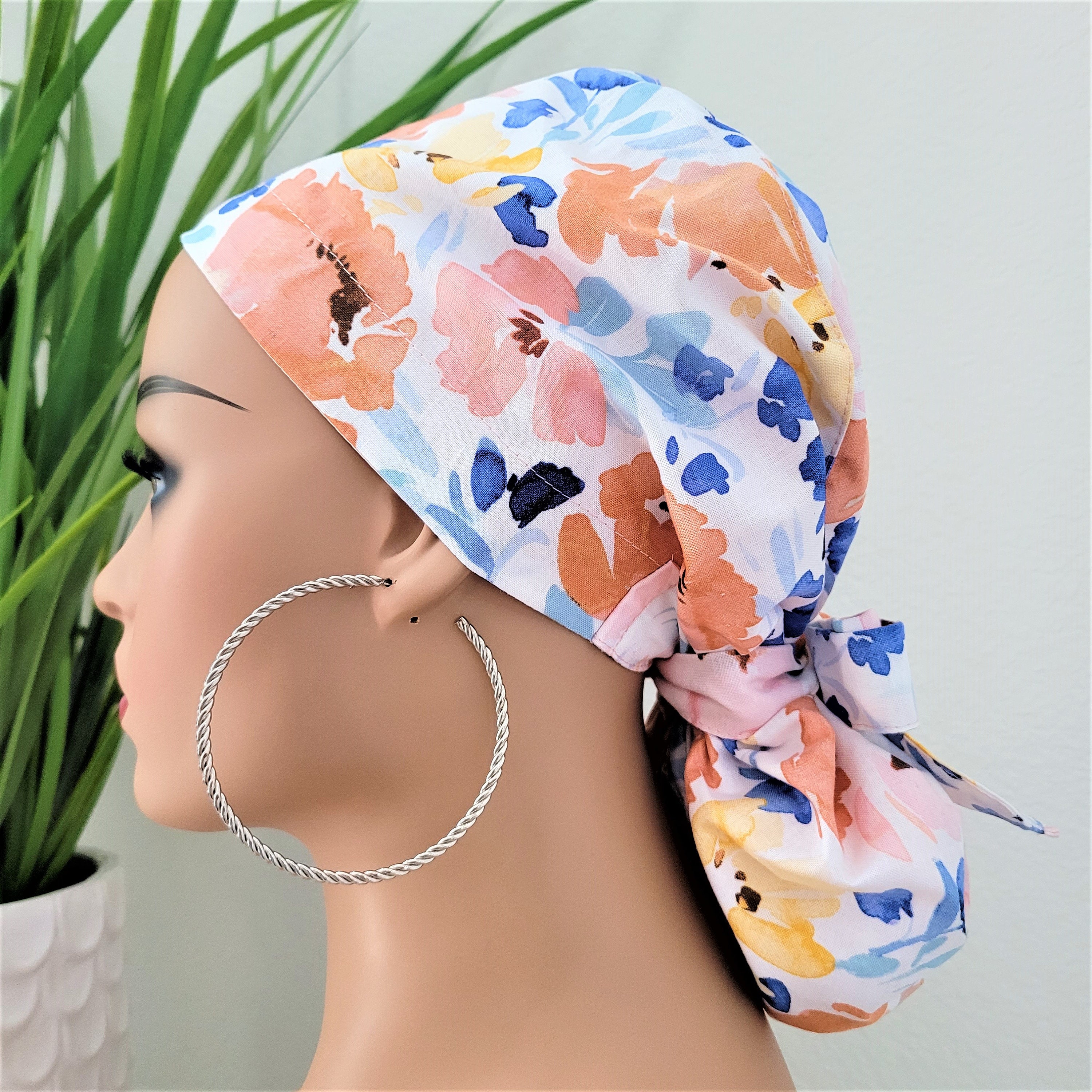Small,Floral Satin Lined Ponytail Scrub Hat: Nurse Doctor Surgical Cap