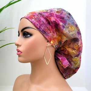 Protect Hair with Satin Lined Scrub Cap, Floral Batik Ponytail Scrub Hat: Satin-Lined Nurse/Doctor Cap