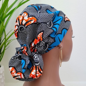 Limited Edition, Protect Hair w/Satin Lined Scrub Cap. Buttons Option, Nurse/Surgical Cap, Ankara Fabric, Ponytail Scrub Hat, Satin Lining