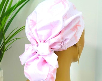 Small, Pretty Pink Ribbon/Bow Print, Satin Lined Ponytail Scrub Cap, Protect Hair w/Satin Lined Scrub Hat, Buttons/Size Option, Surgical Cap