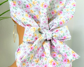 Small, Mini Floral Satin Lined Ponytail Scrub Hat, Protect Hair w/Satin Lined Scrub Cap. Buttons Option, Nurse/Surgical/Dr Cap, Pink/Yellow