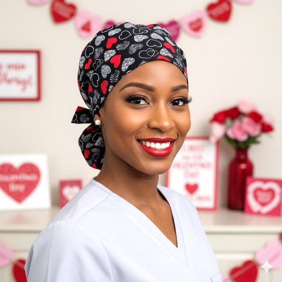 Satin Lined Scrub Cap, Hearts Ponytail Surgical Hat, Nurse  display picture 3