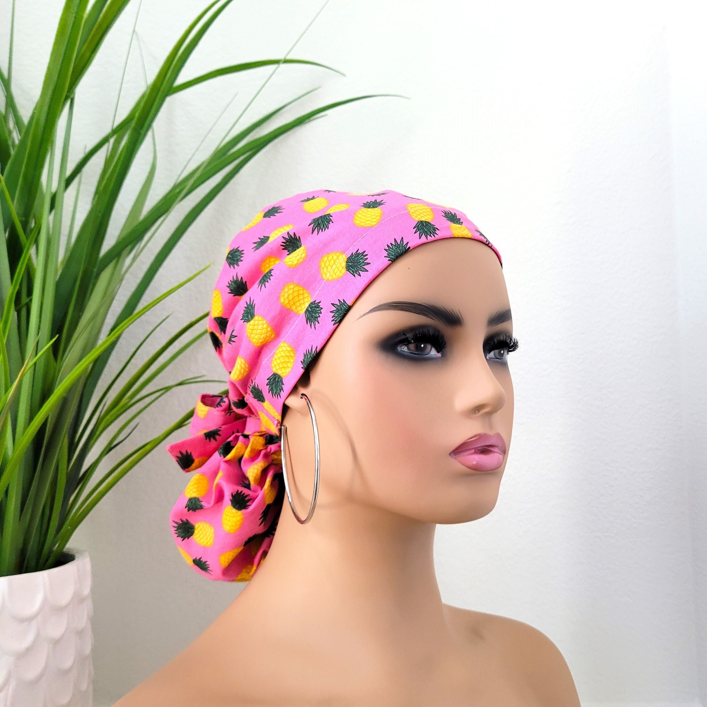 Sweet Pineapples, Satin Lined Ponytail Scrub Hat, Protect Hair w/Satin Lined Scrub Cap, Buttons & Size Options, Nurse/Surgical/Dr Hat