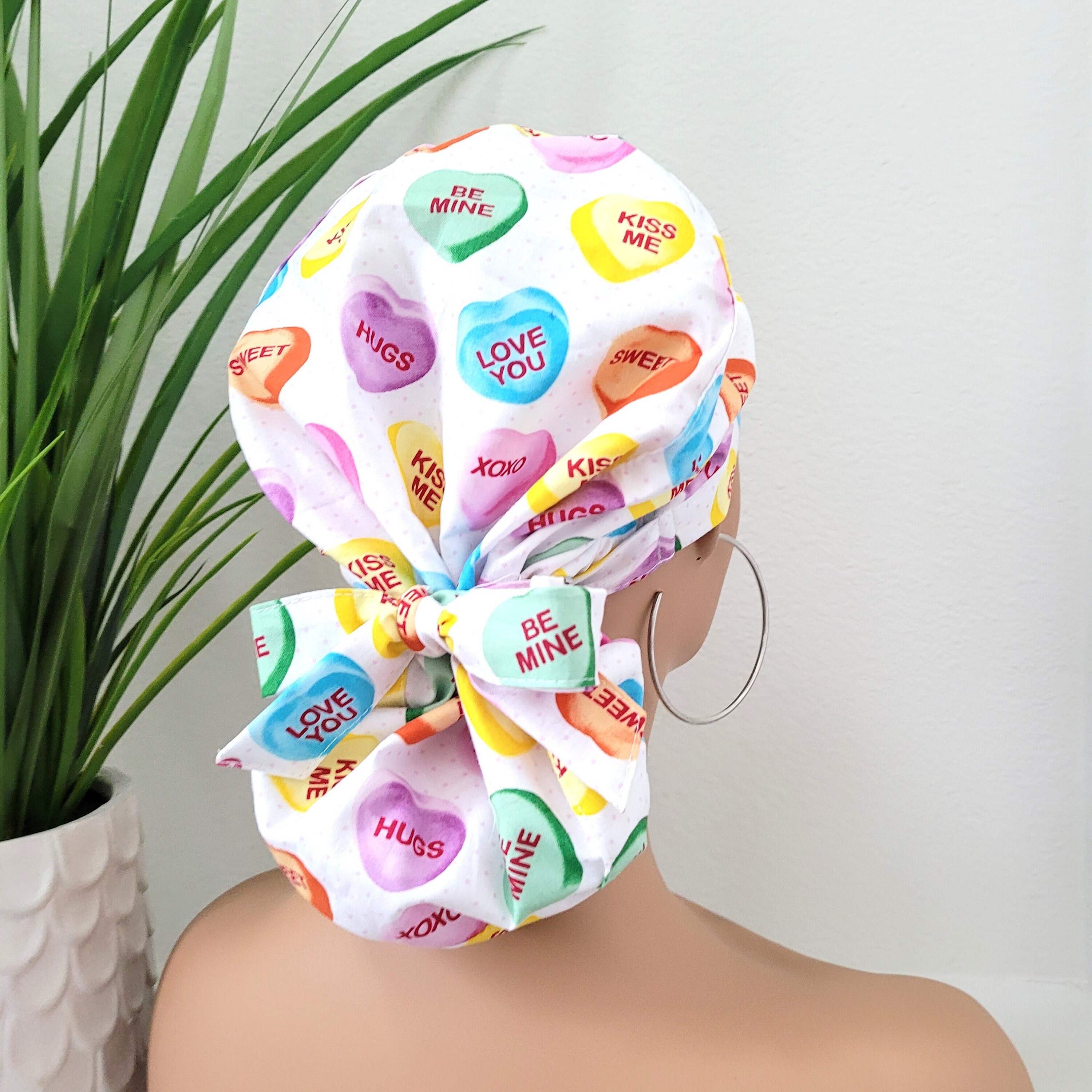 Hearts Satin Lined Ponytail Scrub Hat, Protect Hair w/Satin Lined Scrub Cap. Buttons/Size Option, Surgical/Nurse/Dr Hat, Full Satin Lining