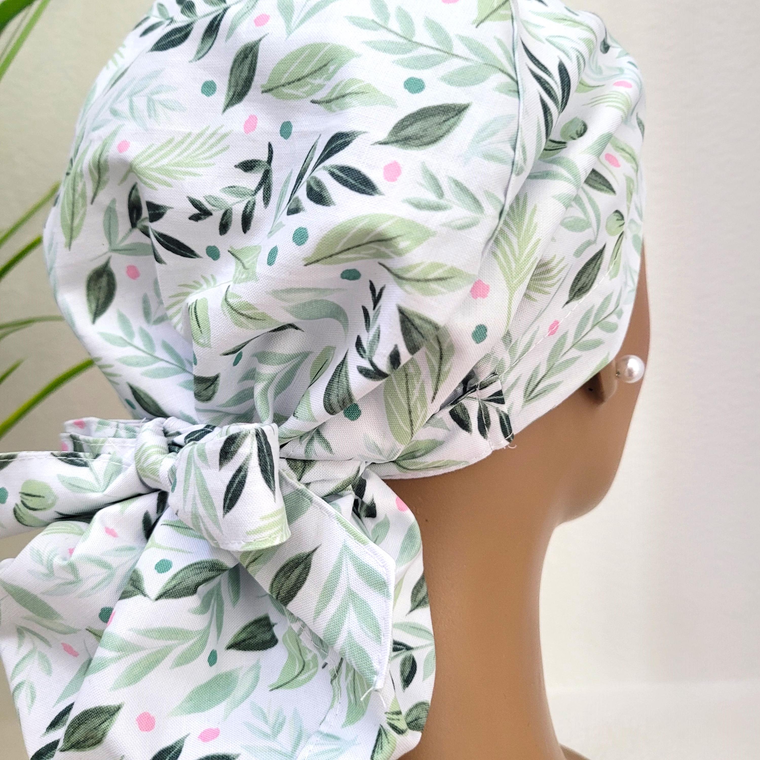 Summer Breeze w/Leaves, Satin Lined Ponytail Scrub Hat, Protect Hair w/Satin Lined Scrub Cap, Nurse/Surgical/Doctor Hat, Full Satin Lining
