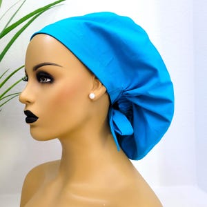 Small, Blue Satin Lined Ponytail Scrub Hat, Protect Hair w/Satin Lined Scrub Cap, Buttons/Size Options, Nurse/Surgical/Dr Cap, Satin Lining
