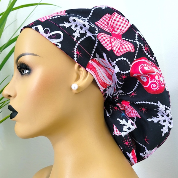 Christmas Ponytail Scrub Cap: Satin-Lined Nurse/Doctor Hat Protect Hair with Satin Lined Scrub Cap
