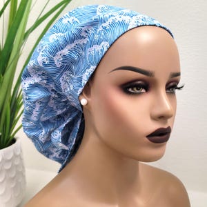 Ocean Waves, Satin Lined Ponytail Scrub Hat, Protect Hair w/Satin Lined Scrub Cap, Nurse/Surgical/Dr Hat, Full Satin Lined Scrub Hat, Blue