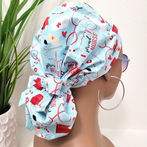Small,Satin Lined Ponytail Scrub Cap: Nurse Surgical Hat with Buttons