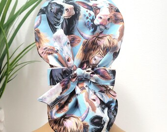 Protect Hair with Satin Lined Scrub Cap, Cow Print Satin Lined Ponytail Scrub Hat: Nurse Surgical Cap