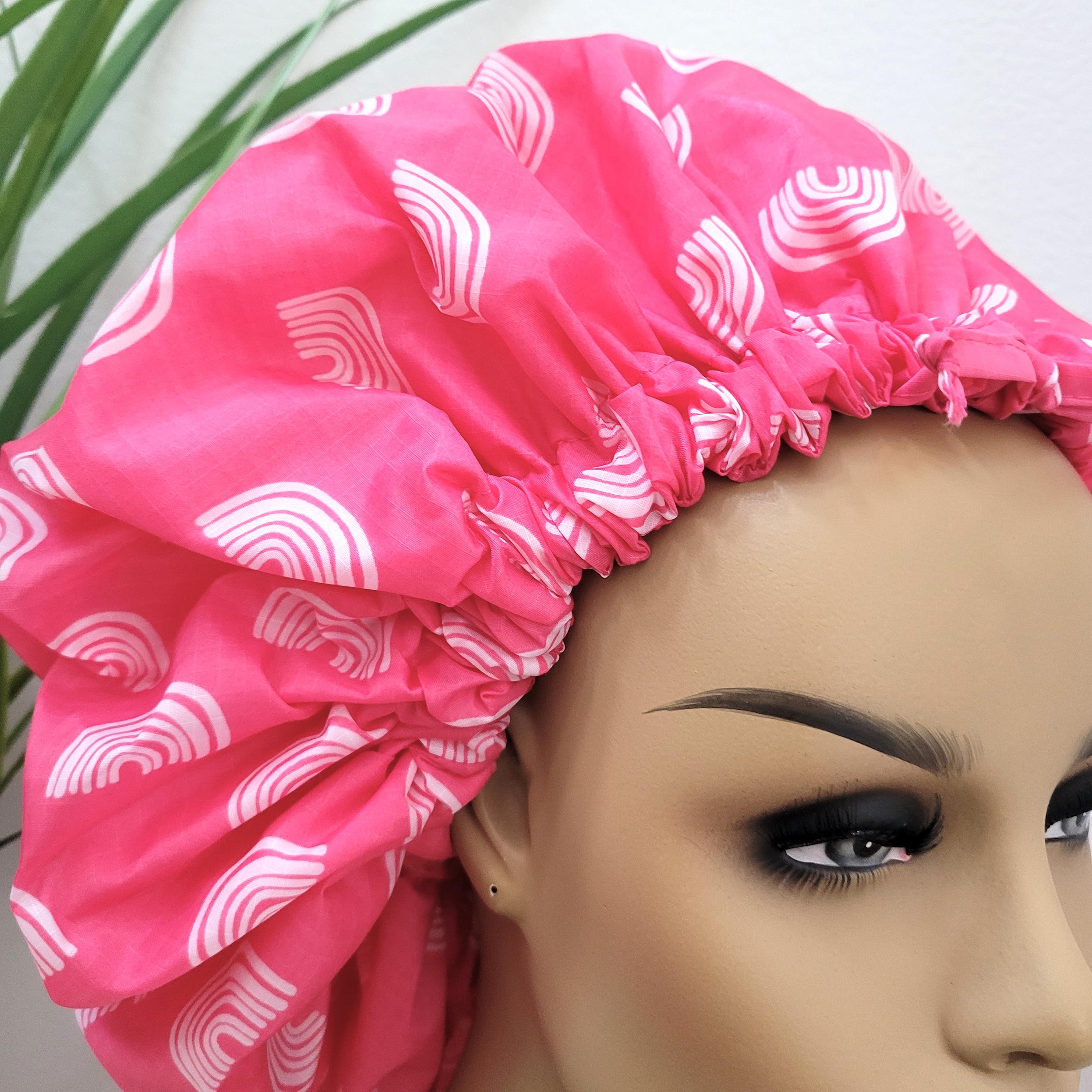 Satin Ruffle Double-Layer Shower Bonnet - Pink & Green Large  main image 4