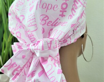 Cancer Awareness Scrub Hat: Satin Lined Ponytail Cap with Buttons Protect Hair with Satin Lined Scrub Cap