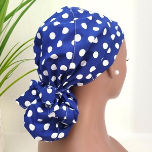 Polka Dot Satin Lined Ponytail Scrub Cap: Nurse Doctor Surgical Hat