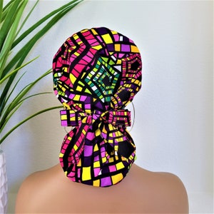 Satin Lined Ankara Fabric Scrub Cap: Ponytail Hat with Buttons
