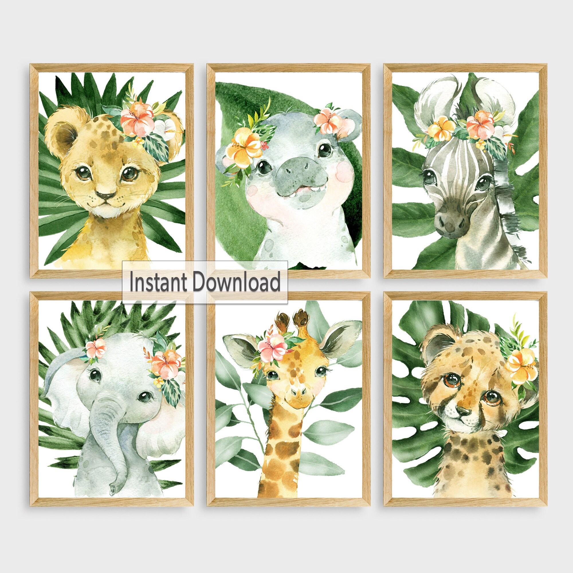 Safari Animals Png Clipart Nursery Prints Set Of 6 Watercolor Baby Lion Zebra Elephant Cheetah Giraffe Sublimation Designs Download