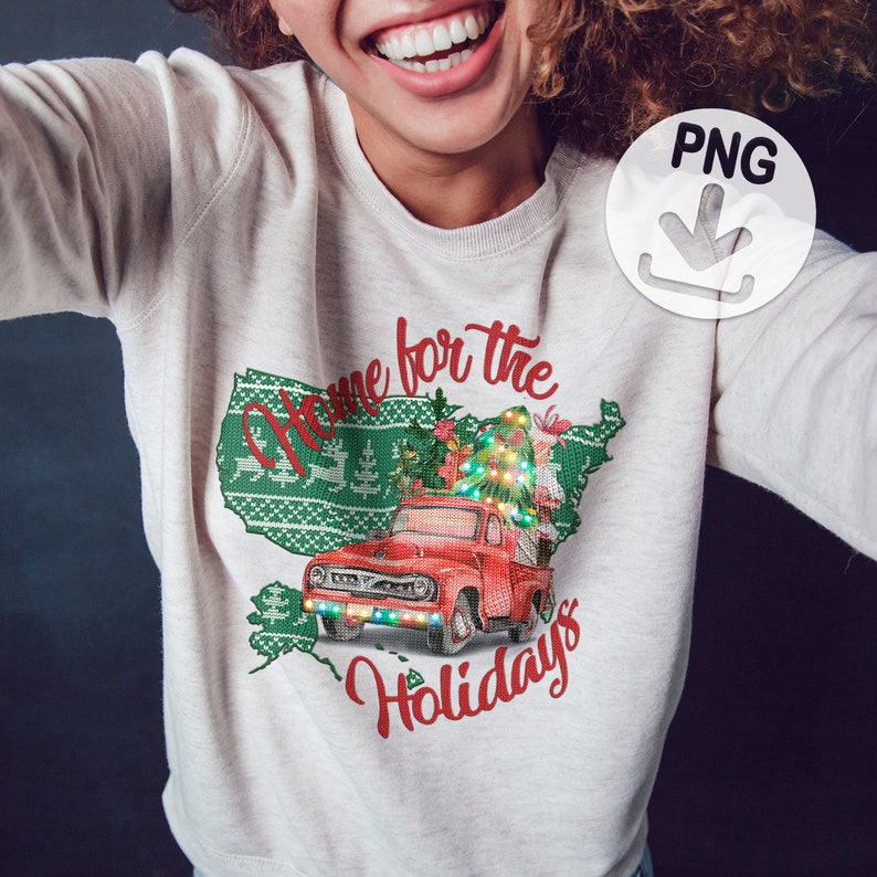 United States Home for the Holidays PNG Embroidery Shirt Sublimation Designs Download Clipart Christmas Sweatshirt Printable Digital