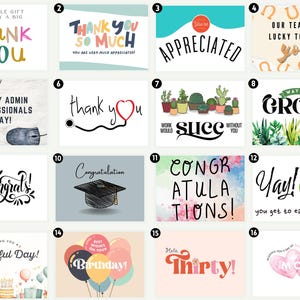 Puede incluir: Un collage de 16 tarjetas de felicitaci&oacute;n con varios dise&ntilde;os y mensajes. Las tarjetas presentan ilustraciones coloridas, fuentes escritas a mano y mensajes positivos como "Gracias", "Feliz D&iacute;a de los Profesionales de la Administraci&oacute;n", "Felicidades", "Feliz Cumplea&ntilde;os" y "Sigue Creciendo".