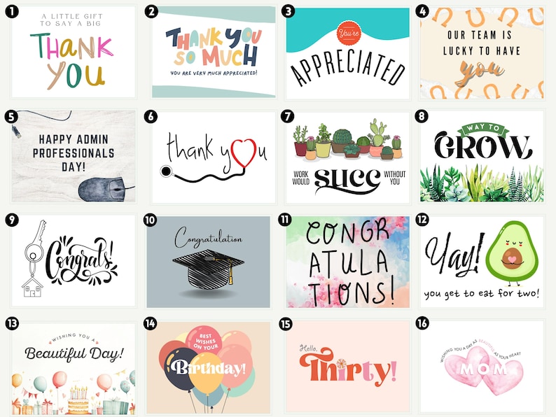 Puede incluir: Un collage de 16 tarjetas de felicitaci&oacute;n con varios dise&ntilde;os y mensajes. Las tarjetas presentan ilustraciones coloridas, fuentes escritas a mano y mensajes positivos como "Gracias", "Feliz D&iacute;a de los Profesionales de la Administraci&oacute;n", "Felicidades", "Feliz Cumplea&ntilde;os" y "Sigue Creciendo".
