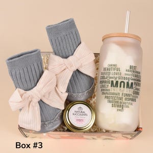 May include: A gift box containing gray baby booties with pink bows, a glass tumbler with the word "MOM" and positive attributes, and a small jar labeled "Natural Succulents". The box is labeled "Box #3".