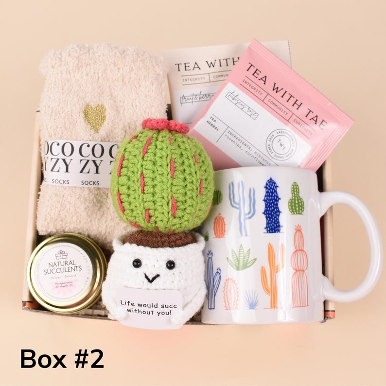 May include: A gift box with a variety of items, including a white mug with cactus designs, a crocheted cactus, socks, tea packets, and a small jar labeled "Natural Succulents." The box is labeled "Box #2."
