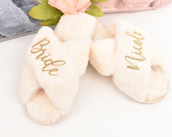 Personalized Bridal Slipper Bridesmaid Gifts Bridal Shower Wedding Bridesmaid Fluffy Bachelorette Hen Fluffy Slippers Mother gifts birthdays