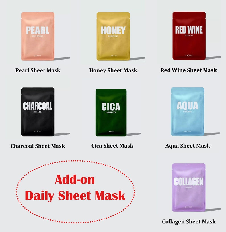 May include: Assortment of sheet masks in various colors and with different ingredients, including pearl, honey, red wine, charcoal, cica, aqua, and collagen. The masks are packaged in individual pouches and are labeled with their respective ingredients. The text "Add-on Daily Sheet Mask" is written in red on a white background.