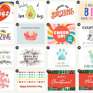 Puede incluir: Un conjunto de 12 tarjetas de felicitaci&oacute;n con varios dise&ntilde;os y mensajes. Las tarjetas presentan ilustraciones coloridas y texto escrito a mano. Algunos de los mensajes incluyen "Sending Hugs", "You are Amazing", "Cheer Up! You Got This", y "Happy Holidays".