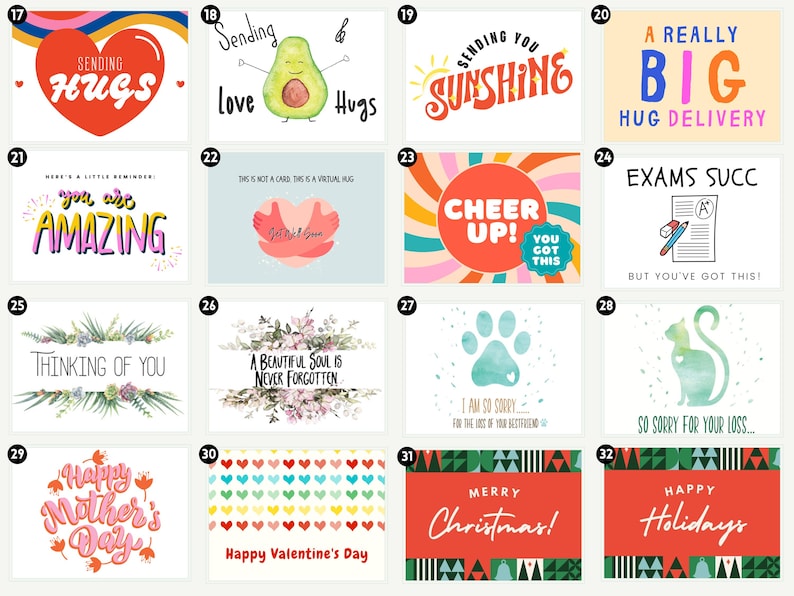 Puede incluir: Un conjunto de 12 tarjetas de felicitaci&oacute;n con varios dise&ntilde;os y mensajes. Las tarjetas presentan ilustraciones coloridas y texto escrito a mano. Algunos de los mensajes incluyen "Sending Hugs", "You are Amazing", "Cheer Up! You Got This", y "Happy Holidays".