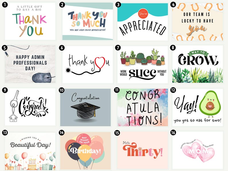 May include: Collection of greeting cards with various messages. Cards include "Thank You," "Appreciated," "Congrats," "Happy Admin Professionals Day," "Birthday," and more. Designs feature illustrations and text.