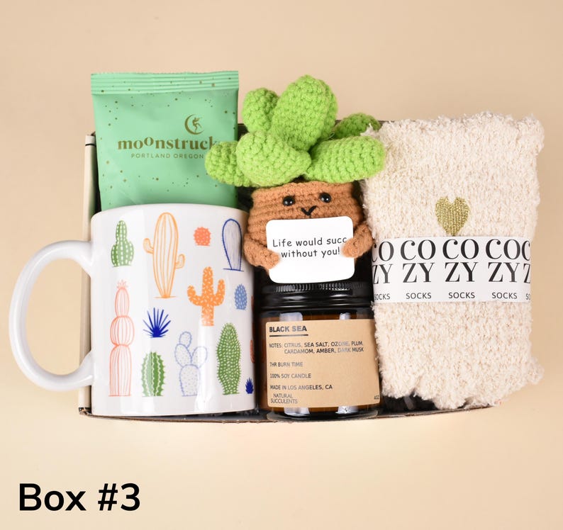 May include: A gift box with a white cactus-themed mug, a green packet, a small cactus plush, a black candle, and a pair of cream-colored socks. The candle has a label that reads "Black Sea". The mug has various cactus illustrations.