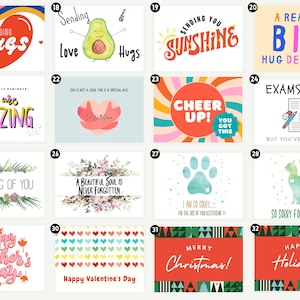May include: A collection of greeting cards with various messages and designs. The cards feature phrases like "Sending Hugs," "You are Amazing," and "Happy Mother's Day." Designs include hearts, avocados, and floral arrangements.