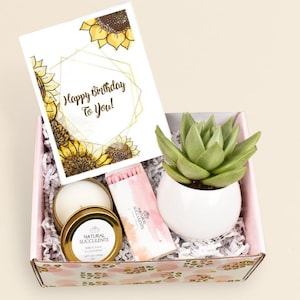 May include: A gift box with a birthday theme. It contains a greeting card with sunflowers and the text "Happy Birthday To You!", a small succulent in a white pot, a candle in a gold tin, and a box of matches.