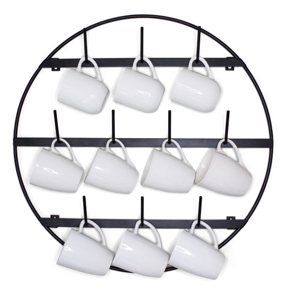 Round 3-Tier Wall Mounted Mug Rack - Metal Storage Display Organizer For Coffee Mugs, Tea Cups, Mason Jars, and More.