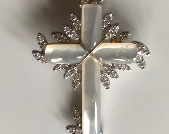 Mother of Pearl and Diamond Cross Pendant set in 18k White Gold