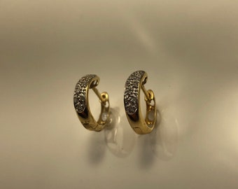 14k Yellow Gold and Pave Diamond Huggie Hoop Earrings