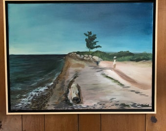 Framed beach painting on canvas