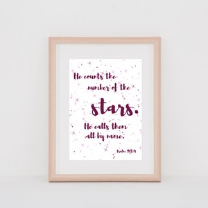 Psalm 147:4 Printable. &quot;He counts the number of the stars.&quot; Purple.