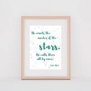 Psalm 147:4 Printable. &quot;He counts the number of the stars.&quot; Green.