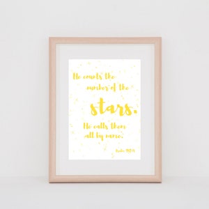 Psalm 147:4 Printable. &quot;He counts the number of the stars.&quot; Yellow.