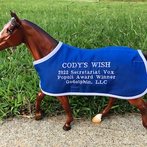 IL DESIDERIO DI CODY: coperta ricamata da Cody per il cavallo da corsa purosangue Breyer Godolphin, modello da corsa TB, vincitore del premio Secretariat Vox Pupuli.