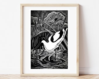 Avocet Linocut Print: Bird Art for Nature Lovers