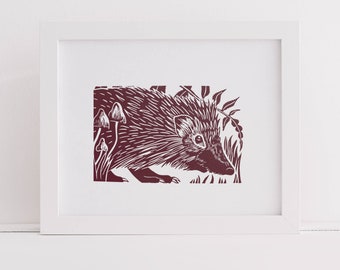 Hedgehog Linocut Print in Brown, Ideal for a Nursery