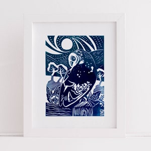 Oswestry Owl in Welsh countryside, Linocut Print in Blue