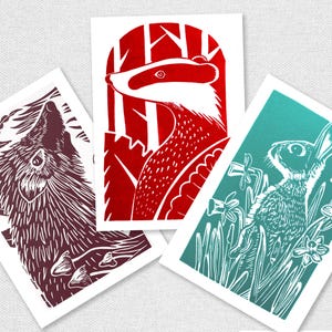 Pack of 3 Linocut Greetings Cards featuring a Rabbit, Badger and Hedgehog