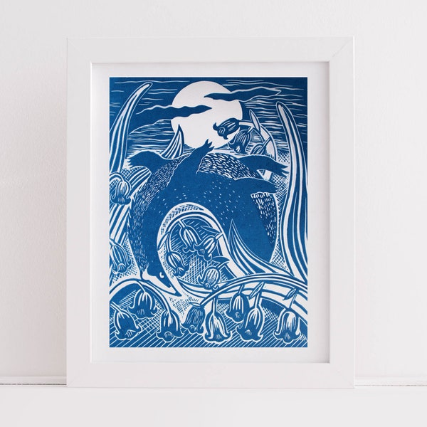 Badger and Bluebells, Two Colour Linocut Print in Blue and Powder Blue